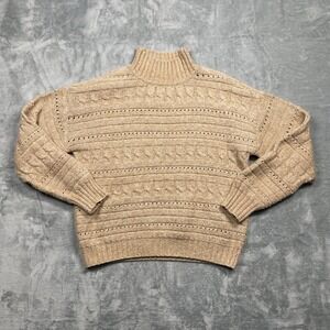 Madison + Hudson Sweater Womens Medium Tan Mock Neck Cable Knit Pointelle